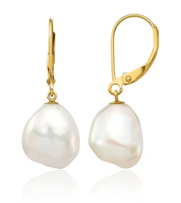 14K Solid Two Tone Gold Keshi Freshwater Cultured Pearl Dangle Earrings - Image 1 of 4
