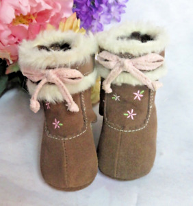 BROWN genuine SUEDE leather DOLL baby BOOTS shoes EMBROIDERY fur cuffs 4" long
