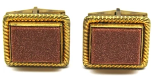 Vintage Goldstein Manschettenknöpfe Goldrahmen funkelnd braun Cabochon formelle Kleidung Geschenk - Bild 1 von 4