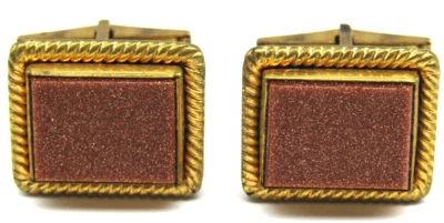 Vintage Goldstone Cufflinks Gold Frame Sparkling Brown Cabochon Formal Wear Gift - Image 1 of 4