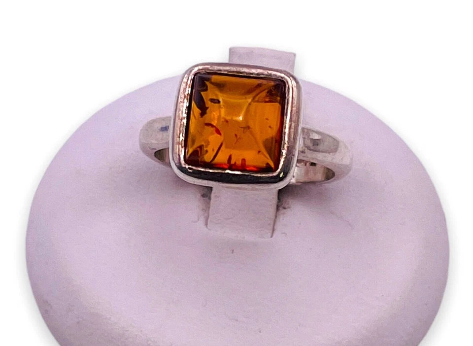 Anillo cuadrado de plata de ley 925 vintage ámbar báltico natural talla 6  Foto 1 de 4