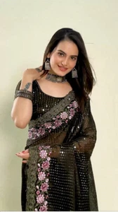 Designer Organza Saree Sequins Embroidery Work Bollywood Style Party Wear Sari - Picture 1 of 3