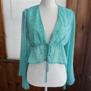 NWT Wild Fable bell sleeve blouse peplum crop cinched blue green floral chiffon - Picture 1 of 7