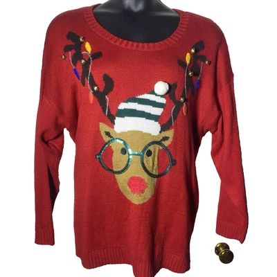 United States Of Sweaters Red Size 3X Reindeer Sequin Glasses Jingle Bell Antler - Image 1 of 4