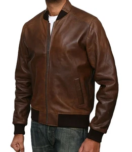 Men’s Brown Distressed Bomber Jacket – Pure Lambskin Leather Varsity Jacket - Picture 1 of 14