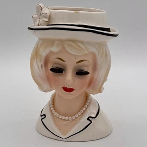 Vintage Enesco Lady Head Vase 5 3/4”  White Dress Pearl Necklace Faux Eyelashes - Picture 1 of 8