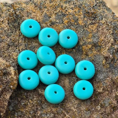 11 Vintage Turqoise Blue Matte Glass Beads | Donut Rondelle Spacer Style - Image 1 of 3