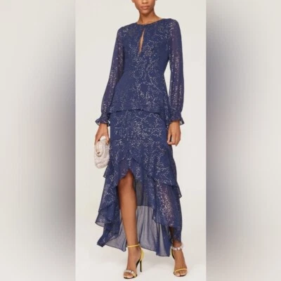 Hutch Molly Hi-Lo Long Sleeve Maxi Dress in Blue and Gold - 6 - Image 1 of 4