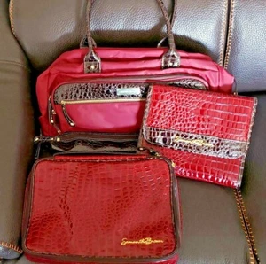 Samantha Brown - Red / Brown Embossed Tote / Weekender 3 Pc Bag Set - New - Picture 1 of 4