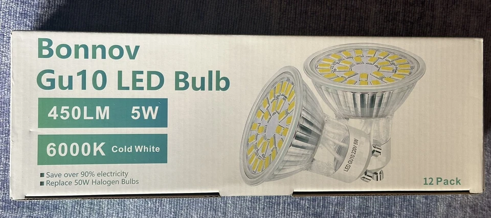 Bonnov GU10 LED Bulb 5W, Light Bulbs, 50W Cold White 6000k, 450lm 12 Pack - Image 1 of 3