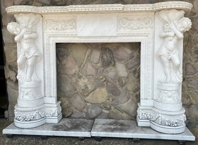 Monumental Hand Carved Carrera Marble Country French Louis XV  Fireplace Mantel - Image 1 of 4