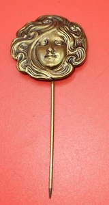 Art Nouveau Stick Lapel Pin Victorian Lady Face Flowing Hair Antique Woman Round - Picture 1 of 7