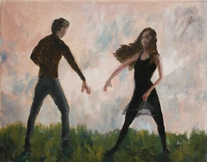 Oil Painting Couple Dance Dancing Dancers Ballet Sunset Landscape Art A. Joli - Picture 1 of 1
