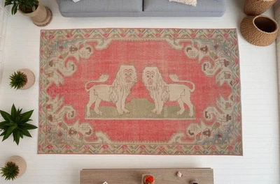 RARE Vintage 4'6x7'1 Turkish Rug 1970s LION MOTIF Handmade Area Rug Wall Rug - Image 1 of 4