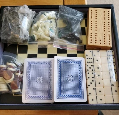 TRAVEL GAMES Backgammon Chess,Cribbage Checkers Draughts Poker Dice IN CASE - Image 1 of 4
