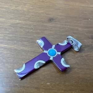 Vintage Mexiko Sterling Silber Kreuz Anhänger Lila Emaille? - Bild 1 von 24