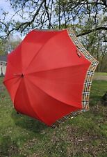 VTG Burberrys Umbrella Perfumes Red Nova Check Wooden Handle Golf Large 