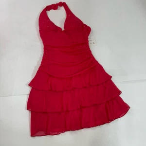 Tabu Minikleid Damen groß rosa Neckholder Edelsteine Y2K Stretch Stufen Rüschen - Bild 1 von 10