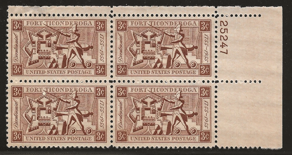 US Scott #1071, Plate Block #25247 1955 Ticonderoga 3c FVF MH Upper Right - Image 1 of 1
