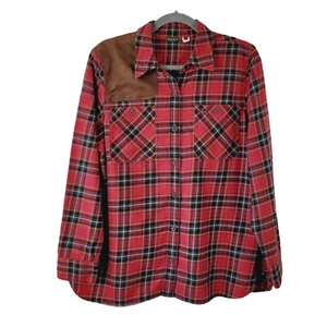 Eddie Bauer Sz XL Button Up Shirt Red Plaid Flannel Faux Leather Shoulder Patch - Picture 1 of 6