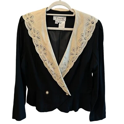 All Week Long VTG Victorian Lace Collar V Neck  Long Sleeve Blouse Black Sz 16 Foto 1 de 4