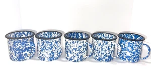 Splatter Enamel Ware Blue & White 5 Coffee Cups Mugs 3.5" Diameter Farmhouse - Picture 1 of 7