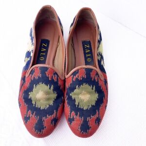 Zalo LEATHER SOLE Needlepoint TAPESTRY LOAFERs SLIP ON Shoes Aztec Size 6.5M