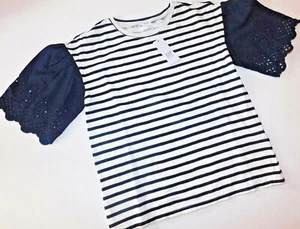GAP Girls Top Navy Blue & White SIZE Large/10-11 Cotton Eyelet Sleeve Stripe NEW - Picture 1 of 5