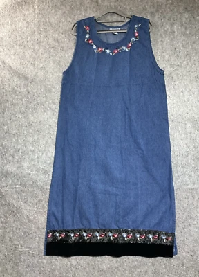 Jane Ashley Dress Womens Large Blue Denim Embroidered Beaded Sleeveless Maxi - Image 1 of 4