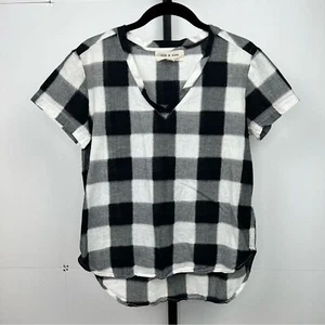 Anthropologie Cloth & Stone Buffalo Check V Neck Top Womans Small Black White - Picture 1 of 8