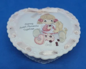 Enesco 1995 Precious Moments 4" Covered Heart-shaped Box 50293 Girl Eats w/Puppy - Picture 1 of 6