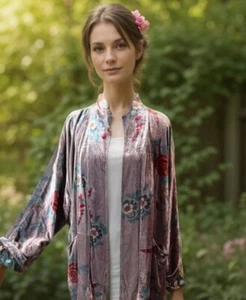 Johnny Was L Large Kimono Blazer Velvet & Silk Coat Lavender & Pink Jacket EUC - Picture 1 of 19