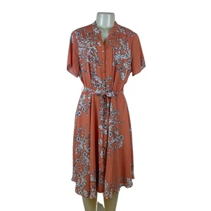 Nanette Floral Rust Short Sleeve Tie Waist Button Front Women's Dress Sz 12 - Picture 1 of 8