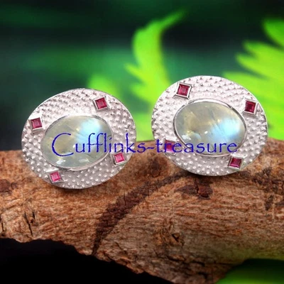 Piedras preciosas naturales de luna y rubí con gemelos de plata de ley 925 para hombre #92 Foto 1 de 4