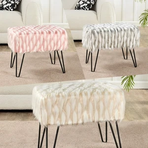 Plush Feathery Faux Fur Ottoman Bench - Luxe Vanity Stool Foot Rest Accent Seat - Picture 1 of 51