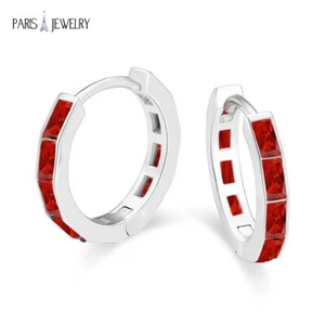 Paris Jewelry 18K White Gold Created Red CZ 3Ct Huggie Hoop Earrings Plated - Picture 1 of 4