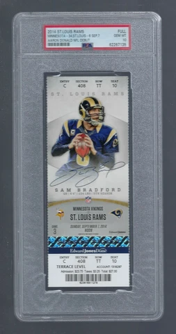 PSA 10 GEM MINT  AARON DONALD DEBUT 2014 NFL RAMS VIKINGS FOOTBALL FULL TICKET Cover