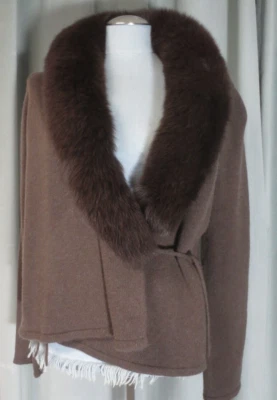 Tweeds Fox Fur Cashmere Cardigan Side Tie Sweater Brown Size XL - Image 1 of 4