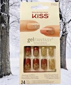 Kiss Gel Fantasy Glue On Medium Length Burgundy & Gold Glitters Please READ!