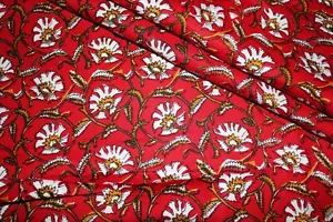 Red Floral 100% Rayon Batik Hand Block Printed Dress Material Craft Fabric - Picture 1 of 5