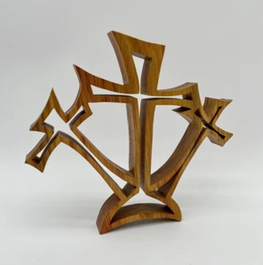 MCM Style Wooden Wall Hanging Stand Three Crosses Hand Crafted Religious Holy - Picture 1 of 9