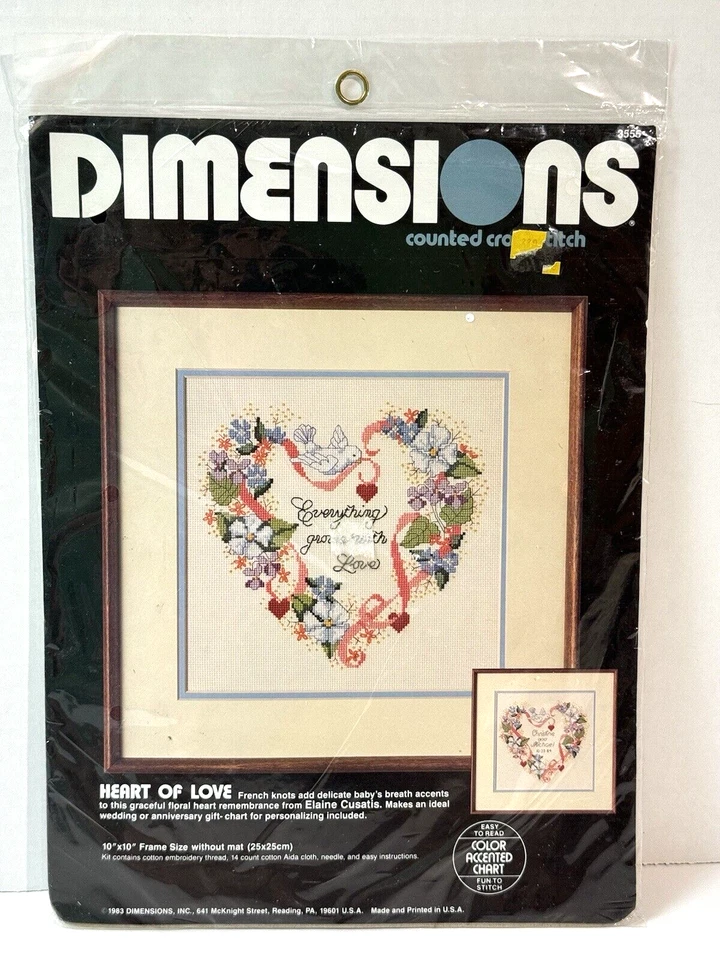 Vtg 1983 Dimensions Heart of Love Counted Cross Stitch Kit # 3555 Elaine Cusatis