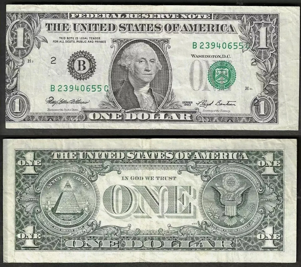 $1 1993 FRN End of Roll Error Overlapping Printings Very Fine - Image 1 of 1