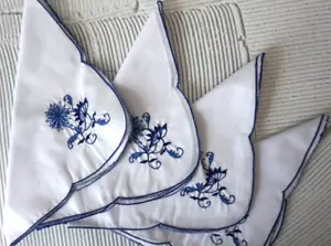 B.M. Jabara & Sons Embroidered Blue Floral White Cloth Napkins 16"x 16" Set of 4 - Picture 1 of 9