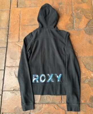 Moletom com capuz feminino Y2K Roxy Surf Cyber com zíper médio preto grunge skatista emo - Imagem 1 de 4