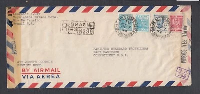 BRASIL 1944 SEGUNDA GUERRA MUNDIAL DOS VECES CENSURADO CORREO AÉREO REGISTRADO CUBIERTA RIO DE JANEIRO A EE. UU. Foto 1 de 2