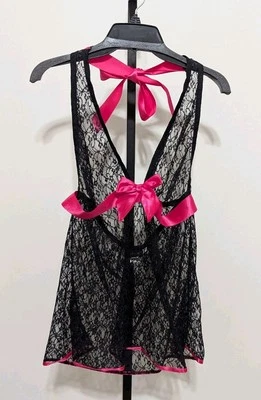 Lencería Babydoll Dreamgirl Plus de encaje negro/rosa talla Queen para mujer Foto 1 de 4