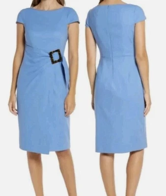 Vestido envolvente sintético mezcla lino Eliza J talla 12 azul midi cuello barco Foto 1 de 4