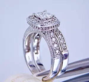 STUNNING BRIDAL 14K WHITE GOLD 1 CARAT DIAMOND ENGAGEMENT RING WEDDING BAND SET - Picture 1 of 12