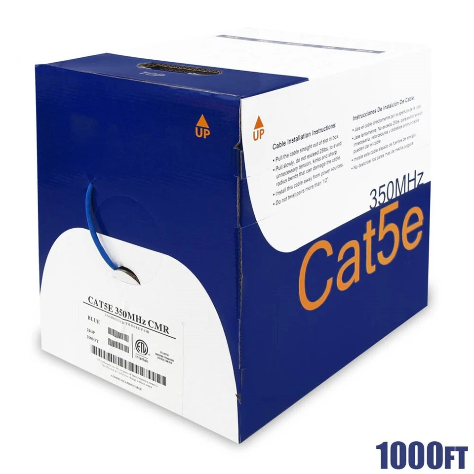 1000FT Cat5E 24AWG UTP Solid 350Mhz Network LAN Ethernet Bulk Cable Blue RJ45 - Image 1 of 1